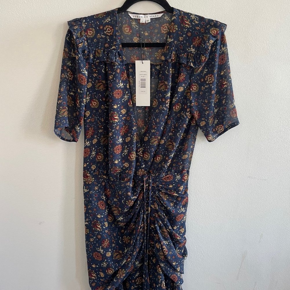 NEW Veronica Beard Dakota Floral Mini Dress Size 4 Ink Blue Chiffon Wrap… - Picture 3 of 10